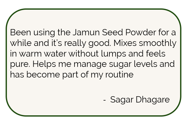 A testimonial from Sagar Dhagare about the positive effects of Jamun Seed Powder, emphasizing its smooth mixing and benefits for managing sugar levels.